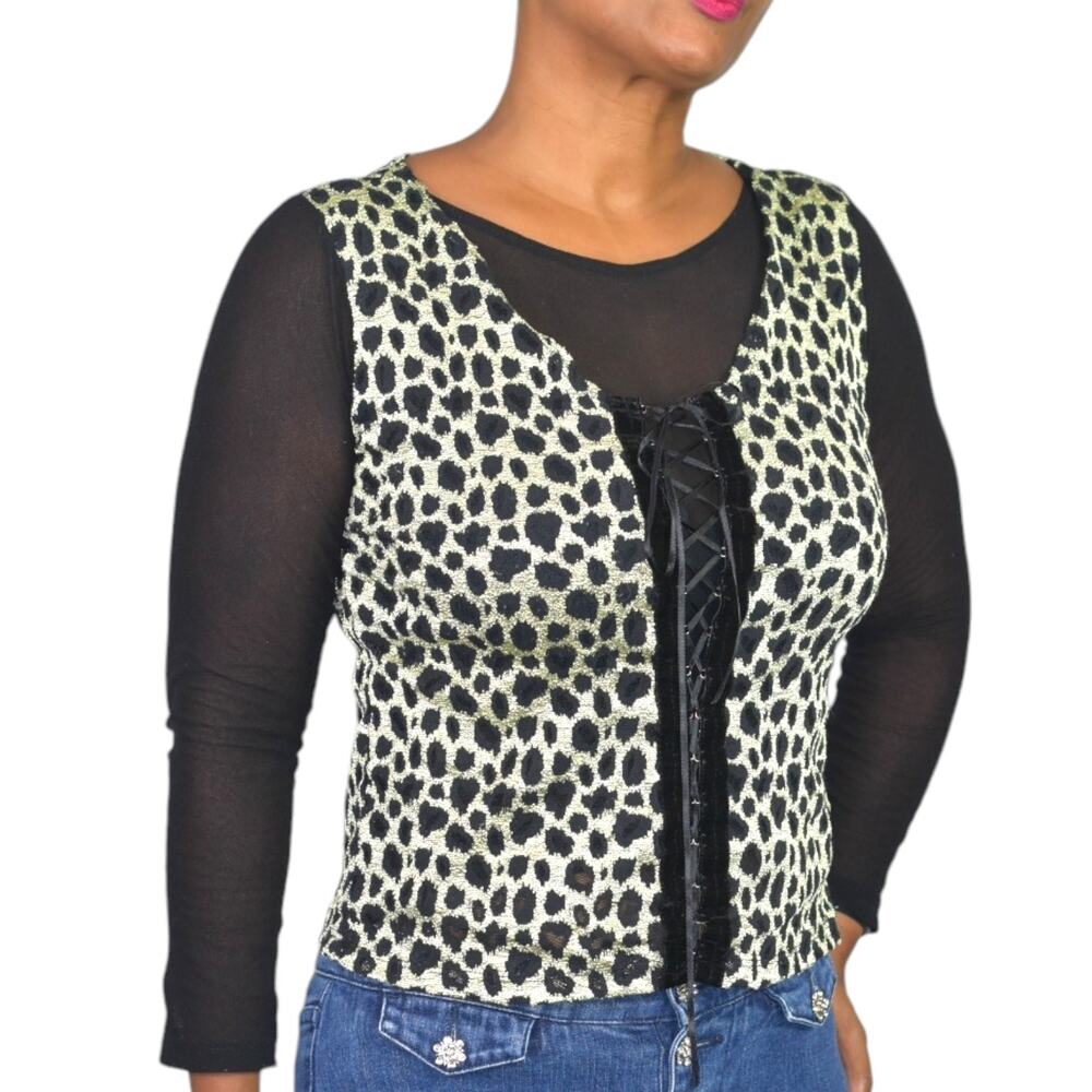 Vintage Corset Lacing Shirt Black Mesh Animal Print 90s Pullover Stretchy Medium - Picture 8 of 16